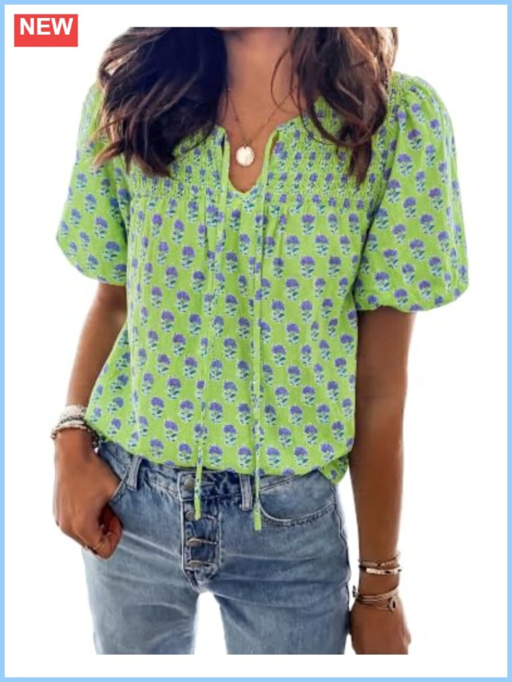 Boho Floral Puff Sleeve Blouse - Cotton Viscose Peasant Top